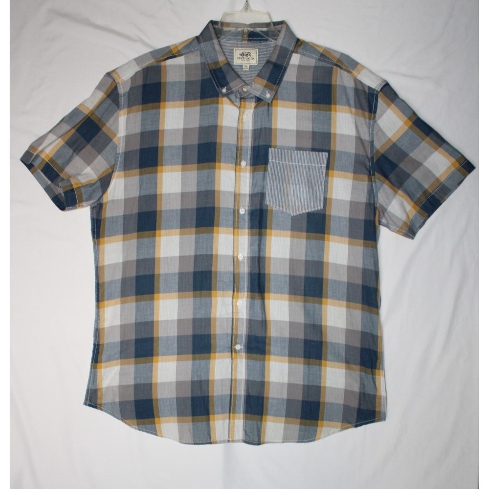 Ecko Unltd Mens Shirt Blue Yellow Plaid Short Sleeve Button Up Pocket Cotton 3XL